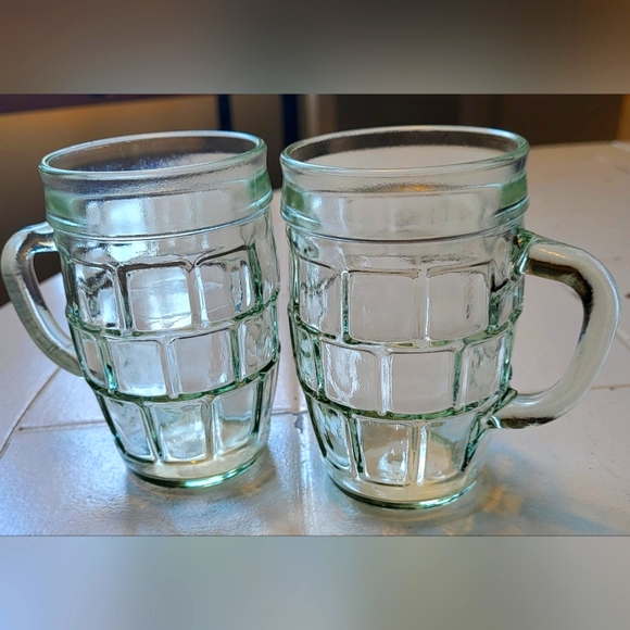 Lot of 2 Rootbeer Barrel Mugs 8 oz Aqua Glass Tinted Depression Anchor Hocking - Picture 1 of 6